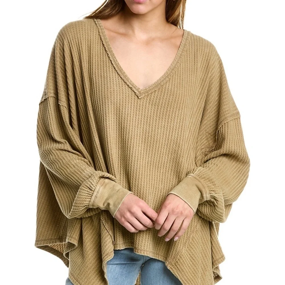 NWT Free People Coraline Thermal Khaki V-Neck Top